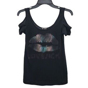 Hot Topic Junior's Y2K Black Oil Slick Lovesick Lip Print Cold Shoulder Top Sz S